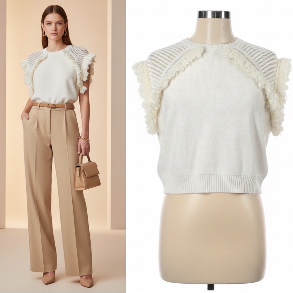 502 BCBGMAXAZRIA | EUC Ivory Fringe-Trimmed Knit Cap-Sleeve Sweater (size M)